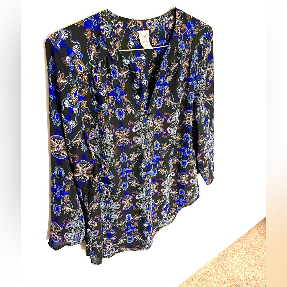 Faded Glory size L (12-14) black, gold, blue, white and glittery gold blouse.